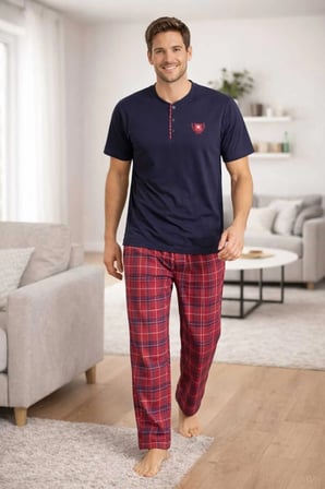 Erkek %100 Pamuk Pijama Takımı Lacivert Üst Kırmızı Ekose Alt Kısa Kol Regular Kesim