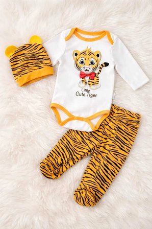 3 Parça Bebek Çıtçıtlı Badi Zıbın Seti %100 Pamuk -Tiger Desenli 0-6 Ay