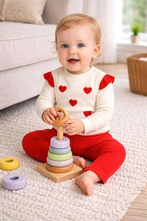 Kabartma Kalp Baskılı %100 Pamuk Alt Üst Bebek Takım