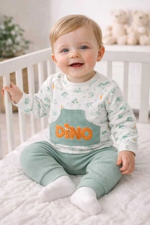 Dino Kabartma Baskılı Erkek Bebek Takım Cep Detaylı