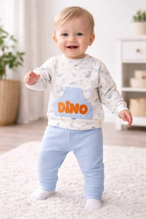 Dino Kabartma Baskılı Erkek Bebek Takım Cep Detaylı