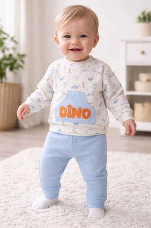 Dino Kabartma Baskılı Erkek Bebek Takım Cep Detaylı