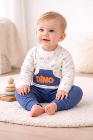 Dino Kabartma Baskılı Erkek Bebek Takım Cep Detaylı