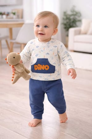 Dino Kabartma Baskılı Erkek Bebek Takım Cep Detaylı