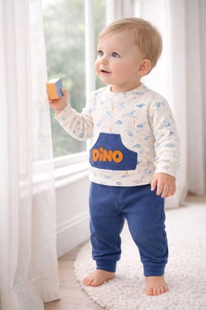 Dino Kabartma Baskılı Erkek Bebek Takım Cep Detaylı