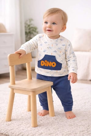 Dino Kabartma Baskılı Erkek Bebek Takım Cep Detaylı
