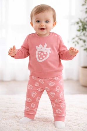 Kabartmalı Çilek Baskı Bebek Takım 6-18 Ay %100 Pamuk