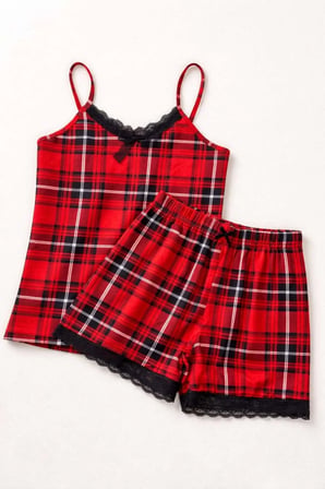 Kadın Kırmızı Ekose İp Askılı Şortlu Pijama Takımı Dantel Detaylı