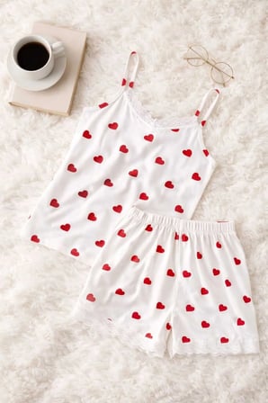 Kadın Beyaz Kalp Desenli İp Askılı Şortlu Pijama Takımı Dantel Detaylı