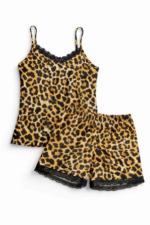 Kadın Leopar Desenli İp Askılı Şortlu Pijama Takımı Dantel Detaylı