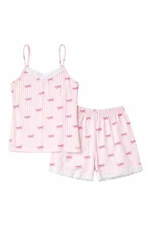 Kadın Pembe Çizgili Fiyonk Desenli İp Askılı Şortlu Pijama Takımı Dantel Detaylı
