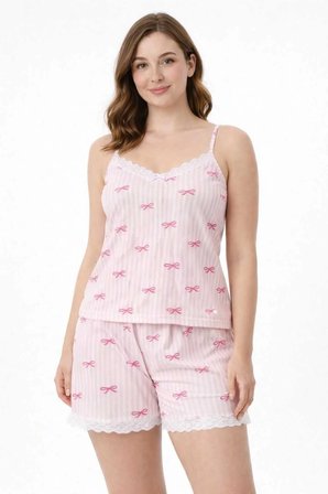 Kadın Pembe Çizgili Fiyonk Desenli İp Askılı Şortlu Pijama Takımı Dantel Detaylı