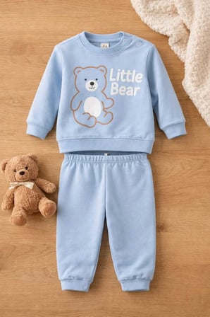Unisex Bebek Mavi Little Bear Baskılı %100 Pamuk 2’li Üst Alt Takım
