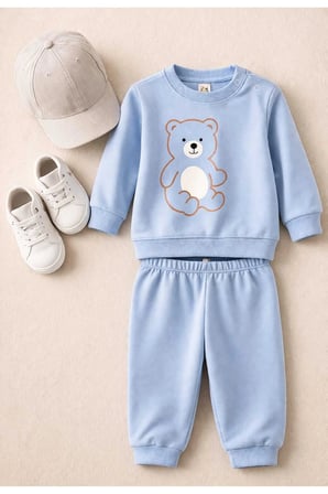 Unisex Bebek Mavi Little Bear Baskılı %100 Pamuk 2’li Üst Alt Takım