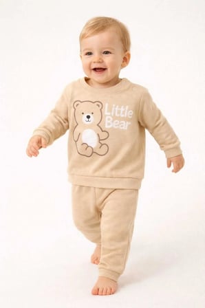 Unisex Bebek Bej Little Bear Baskılı %100 Pamuk 2’li Üst Alt Takım