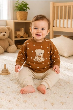 Bebek %100 Pamuk Ayıcık Desenli Sweatshirt Pantolon Takımı