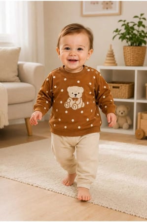 Bebek %100 Pamuk Ayıcık Desenli Sweatshirt Pantolon Takımı