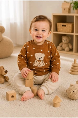 Bebek %100 Pamuk Ayıcık Desenli Sweatshirt Pantolon Takımı