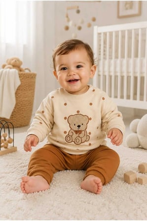 Bebek %100 Pamuk Ayıcık Desenli Sweatshirt Pantolon Takımı