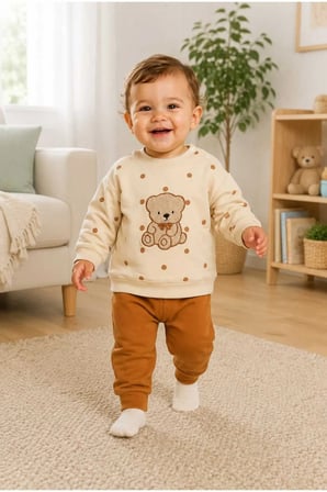 Bebek %100 Pamuk Ayıcık Desenli Sweatshirt Pantolon Takımı