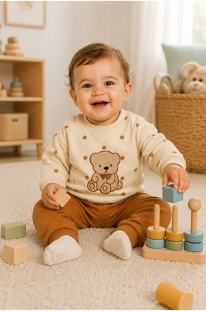 Bebek %100 Pamuk Ayıcık Desenli Sweatshirt Pantolon Takımı