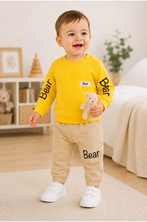 Bebek %100 Pamuk Ayıcıklı Alt Üst Takım Çıkarılabilir Oyuncaklı