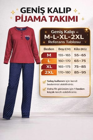 Geniş Kesim Kadın Pijama Takımı %100 Pamuk Açık Pembe Üst Lacivert Puantiyeli Alt Uzun Kollu