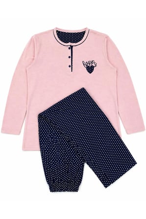 Geniş Kesim Kadın Pijama Takımı %100 Pamuk Açık Pembe Üst Lacivert Puantiyeli Alt Uzun Kollu