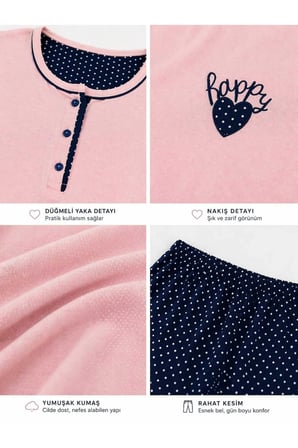 Geniş Kesim Kadın Pijama Takımı %100 Pamuk Açık Pembe Üst Lacivert Puantiyeli Alt Uzun Kollu