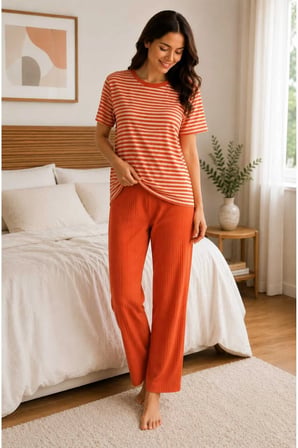 Kadın Pijama Takımı Kısa Kollu %100 Pamuk Turuncu Çizgili
