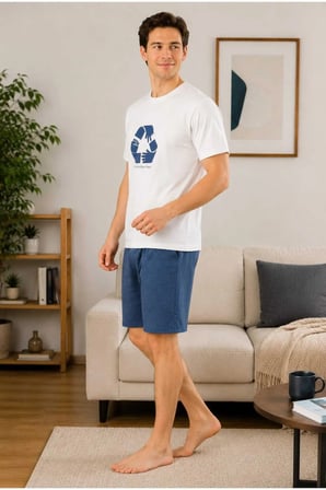 Erkek Kısa Kollu Şortlu Baskılı %100 Pamuk Pijama Takımı Ev Giyim