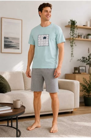 Erkek Kısa Kollu Şortlu Baskılı %100 Pamuk Pijama Takımı Ev Giyim