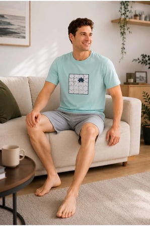 Erkek Kısa Kollu Şortlu Baskılı %100 Pamuk Pijama Takımı Ev Giyim
