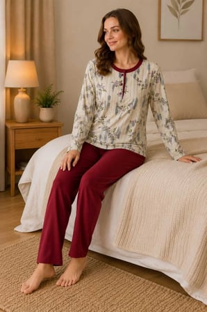 Rahat Kalıp Çiçek Desenli Kadın Pijama Takımı %100 Pamuk