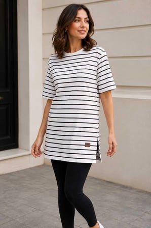 Kadın Beyaz Çizgili Oversize Kısa Kol Basic Tunik Tişört