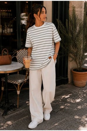 Kadın Beyaz Çizgili Oversize Kısa Kol Basic Tunik Tişört