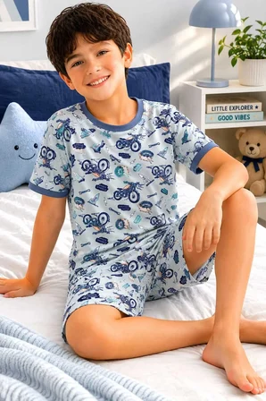 Erkek Çocuk Pamuklu Şortlu Pijama Takımı 3-12 Yaş
