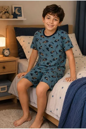 Erkek Çocuk Pamuklu Şortlu Pijama Takımı 3-12 Yaş