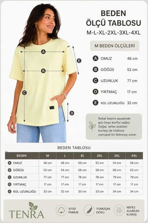 Kadın Basic Oversize Tişört Bisiklet Yaka Uzun Boy Yırtmaçlı Lazer Kesim %100 Pamuk