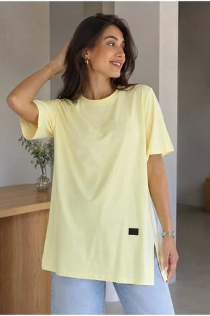 Kadın Basic Oversize Tişört Bisiklet Yaka Uzun Boy Yırtmaçlı Lazer Kesim %100 Pamuk