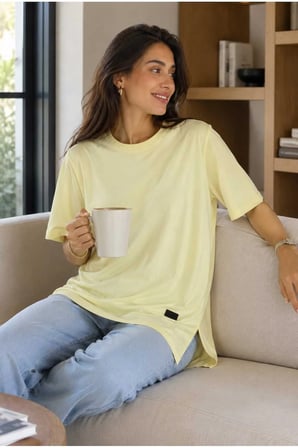 Kadın Basic Oversize Tişört Bisiklet Yaka Uzun Boy Yırtmaçlı Lazer Kesim %100 Pamuk