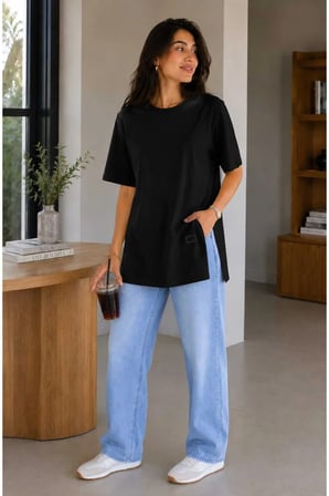 Kadın Basic Oversize Tişört Bisiklet Yaka Uzun Boy Yırtmaçlı Lazer Kesim %100 Pamuk