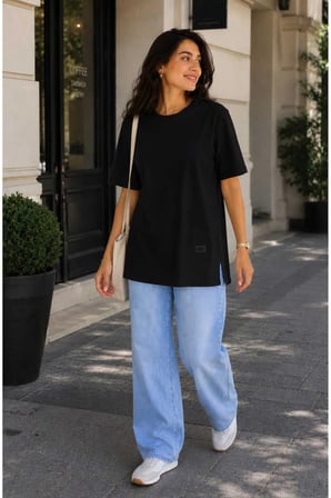 Kadın Basic Oversize Tişört Bisiklet Yaka Uzun Boy Yırtmaçlı Lazer Kesim %100 Pamuk