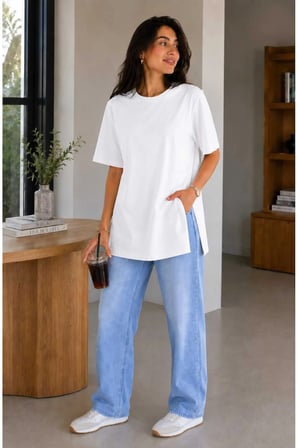 Kadın Basic Oversize Tişört Bisiklet Yaka Uzun Boy Yırtmaçlı Lazer Kesim %100 Pamuk