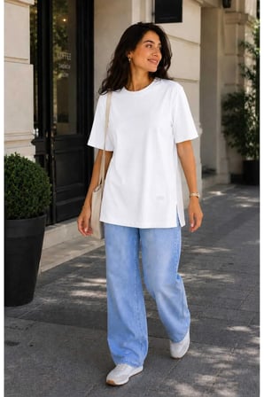 Kadın Basic Oversize Tişört Bisiklet Yaka Uzun Boy Yırtmaçlı Lazer Kesim %100 Pamuk
