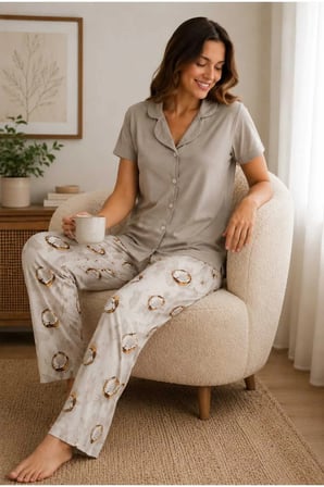 Kadın Pamuklu Boydan Düğmeli Kısa Kollu Pijama Takımı