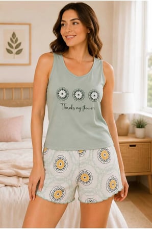 Kadın Şortlu Pijama Takımı Askılı Üst Desenli Şort Yazlık Ev Giyim