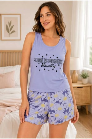 Kadın Şortlu Pijama Takımı Askılı Üst Desenli Şort Yazlık Ev Giyim