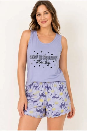 Kadın Şortlu Pijama Takımı Askılı Üst Desenli Şort Yazlık Ev Giyim