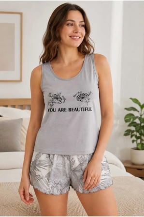 Kadın Şortlu Pijama Takımı Askılı Üst Desenli Şort Yazlık Ev Giyim
